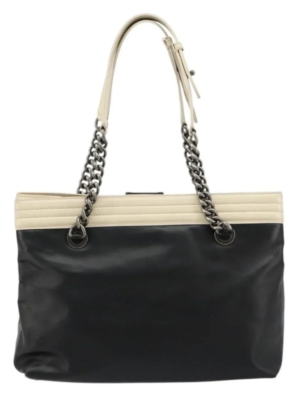 CHANEL Boy Chanel Chain Tote Bag Calf Skin Black Silver CC Auth bs35348